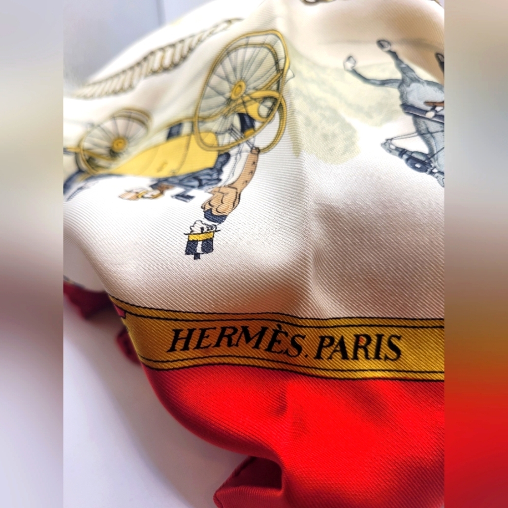 HERMES La Promenade de Longchamps SILK BEAUTIFUL LIGHT Red SCARF 35”x35” - Picture 1 of 3